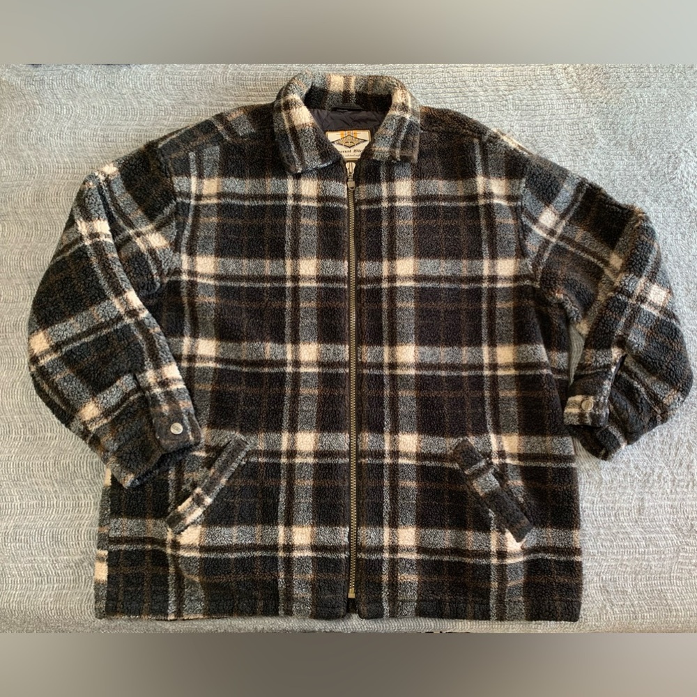EUC Bullhead VINTAGE Sherpa Fleece Lined Mens Full Zip Jacket Brown Plaid XL